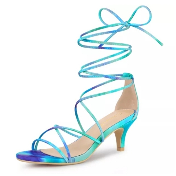 Allegra K Lace Up Strappy Tie Dye Kitten Heels Sandals Size 7 - Picture 1 of 12